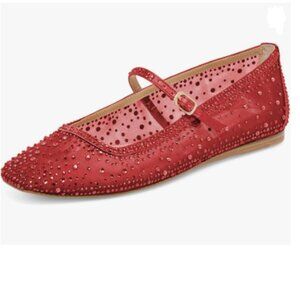 XYD Red Dazzled Crystals Ballet Flats Square Toe Strap Buckled Mary Jane Shoes